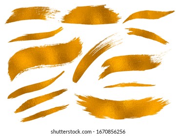 Conjunto de textura vectorial Grunge con rayas de pintura aisladas doradas, borde seco en negro. Parpaques vectoriales, puntas texturadas modernas para banner afligido. Textura de lámina de oro.