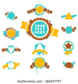 Set of grunge vintage round, triangle and hexagon badges and ribbons. Isolated on white background. Vector illustration. There is place for your text. Editable EPS8 vector.