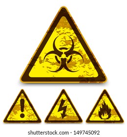 Set of grunge warning signs, isolated on white background. Vector illustration