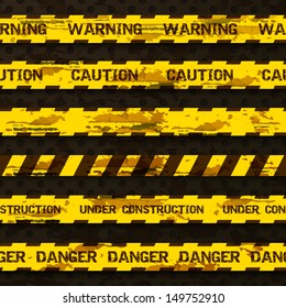 Set of grunge warning tapes isolated on dark doted background. Warning tape, danger tape, caution tape, danger tape, under construction tape. Vector ilustration