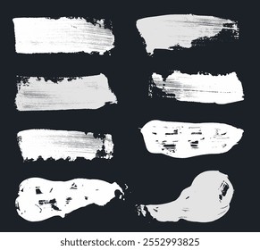 Set of grunge white brush painted acrylic isolated on black background. High resolution paintbrush collection. Grunge vector design elements. White dirty texture banners.