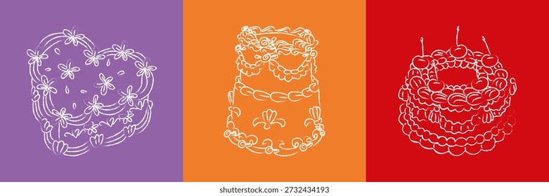 Conjunto de contornos de pastel blanco grunge decorado sobre fondos de colores brillantes. Un pastel de crema. Dulces Elementos para menús de panadería, tarjetas de cumpleaños, invitaciones de boda o gráficas de cocina