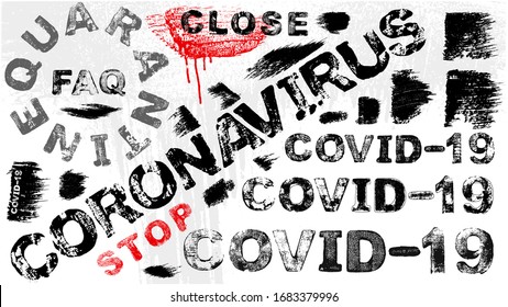 set of grunge words of coronavirus covid-19 theme with 15 brush strokes, vector EPS10