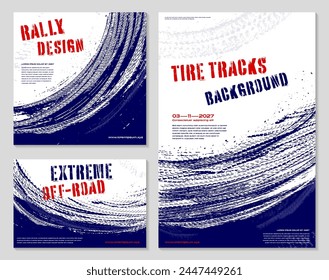 Set of grungy background frames with abstract tire tracks for your rally car off-road design - vector illustration