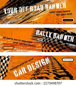 Set of grungy banners with abstract tire tracks and copy space - vector illustration