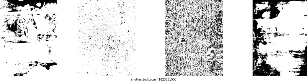 Set of grungy black textures for your design. Dusty scratchy surfaces. Grunge textures for placard, brochure, packaging, illustration template, overlay, material design. Vector EPS10 illustration