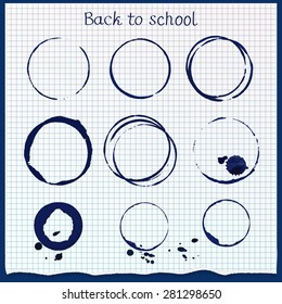 Set of grungy circle ink stains and elements. Paint rings. Vector.