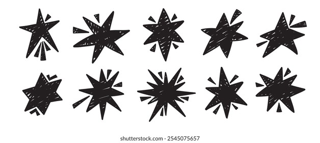 Conjunto de estrellas garabatos sucios. Garabatear colección estrellada áspera	