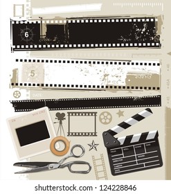 Set of grungy filmstrips and other film related design elements. Retro movie, cinema and photography vector design.