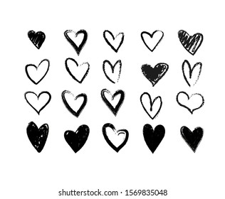 Set of grungy hand drawn hearts. Hand painted in the shape of a heart. Black linear silhouette clip art symbol of love, Valentine s day, wedding cards, date. Vector illustration on a white background.