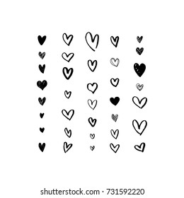 Set of grungy hand drawn hearts. Handmade painted heart shapes. Symbol of love. Valentine's day, wedding card. Vector illustration isolated on white background.