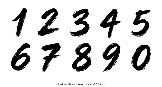 Set of Grungy Hand Written Numbers 0-9 in Black Ink Paint Brush Style