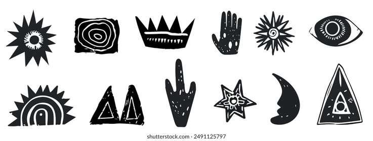 Set grungy punk linocut shapes, retro naive groovy icons. Charcoal marker scribble elements. Geometric shapes, eye, crown, star, flower. Vector illustration of crayon pencil lino doodles