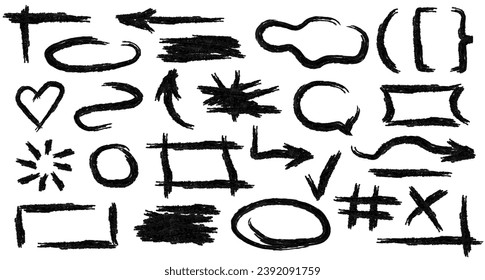 Set of grungy rough detailed brush or charcoal pencil strokes elements. Sketch of arrows, highlights, scribbles, frames, bubbles, underlines, etc. Freehand ink marker linear doodle geometric figures