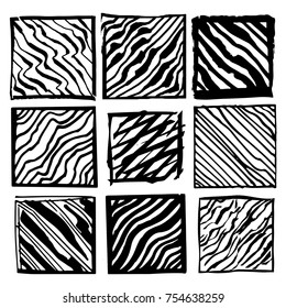 Set of grungy rough squares. Striped inky squares. Set of grungy backgrounds