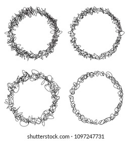 Set of grungy round scribble circles, hand drawn with thin line, isolated on white background. Vector illustration