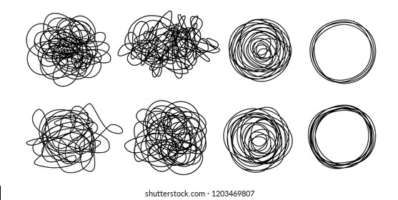 Set of grungy round scribble circles, hand drawn with thin line, isolated on white background. Vector illustration