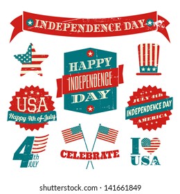 A set of grungy US Independence Day design elements isolated on white background.