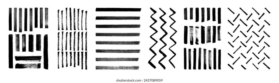 Set of grungy vector hand-drawn patterns. Zig zag, straight line and lattice brushstrokes. Black grunge ink brush strokes on white  background. Abstract geometric contemporary  doodle design elements