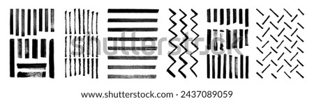Set of grungy vector hand-drawn patterns. Zig zag, straight line and lattice brushstrokes. Black grunge ink brush strokes on white  background. Abstract geometric contemporary  doodle design elements