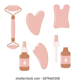 Set of Gua Sha massage tool. Gua sha scrapers, face oil, massage roller. Home beauty routine.