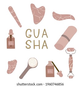 Set von Gua Sha Massage-Tool. Schönheitsprogramm für Heim. Gua-Scha-Schrott, Gesichtsöl, Massagewalze.  Hautpflegeprodukte für SPA, Beauty-Konzept. Einzeln auf weißem Hintergrund