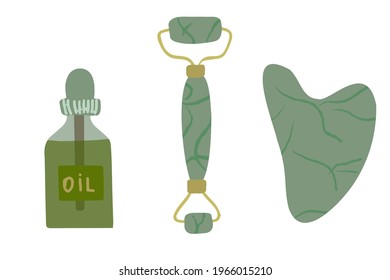 Conjunto de herramientas de masaje Gua Sha. Rascacielos Gua, aceite facial, rodillo de masaje, spa jade. Productos para el cuidado de la piel para el SPA. Aislado sobre fondo blanco