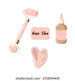 Set of Gua Sha massage tools: scraper, face oil, double sided massage roller. Home beauty salon. Vector flat cartoon illustration isolated on white background. 