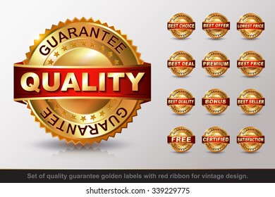 Set of guarantee golden label with red ribbon. 
Quality, Best Choice, Best Offer, Lowest Price, 
Best Deal, Premium, Best Price, Bonus, Seller, Free, 
Certified, Satisfaction. Vector illustration.