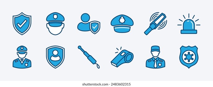 Set of guard icon. Containing shield protection with checkmark, hat police, security baton or stick, detector, alarm, whistle, badge, safety. Vector illustration