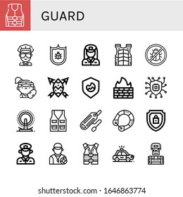 Set of guard icons. Such as Life jacket, Cop, Antivirus, Policewoman, Bulletproof vest, Lifeguard, Shield, Firewall, Security, London eye, Vest, Rescue tube, Life saver , guard icons