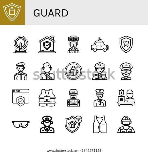 Set of guard icons. Such as Protection, London eye,\
Shield, Soldier, Police car, Lifeguard, Antivirus, Police, Cop,\
Life vest, Policeman, Protective, Vest, Riot police , guard\
icons