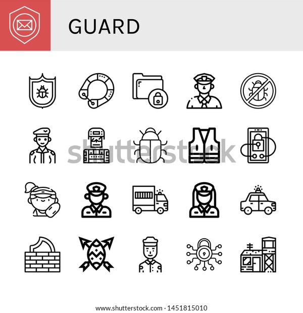 Set of guard\
icons such as Shield, Antivirus, Life saver, Secure, Cop, Soldier,\
Vest, Security, Lifeguard, Policeman, Prisoner transport vehicle,\
Policewoman, Police car ,\
guard