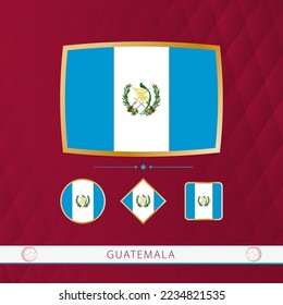 Set of Guatemala flags with gold frame for use at sporting events on a burgundy abstract background. Vector collection of flags.