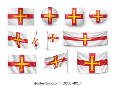 Set Guernsey flags, banners, banners, symbols, flat icon. Vector illustration of collection of national symbols on various objects and state signs