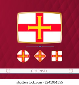 Set von Guernsey-Flaggen mit goldenem Rahmen für Sportveranstaltungen auf bordeauxrotem Hintergrund. Vektorgrafik von Flaggen.