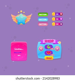 Set Of GUI Buttons , Coin Bars , Icon Star With Wings , Pink Loading Page , Blue Sky Shop Pop Up Window Cute Colorful Cartoon Juicy Vector Design