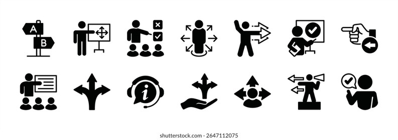 Set of guidance and direction icon vector sign. Contains choice arrow, advice, guide, way, traffic, road, street, signpost, guidepost, information, navigation, pathway, Instruction, coaching