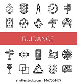 Set of guidance icons such as Compass, Traffic lights, Signpost, Traffic light, Junction, Intersect, Guidepost, Intersection, Guide , guidance