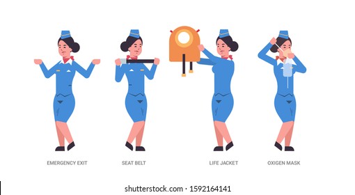 set guidance from stewardess explaining instructions with life vest seat belt emergency exit and oxygen mask flight attendant in uniform safety demonstration concept horizontal full length vector