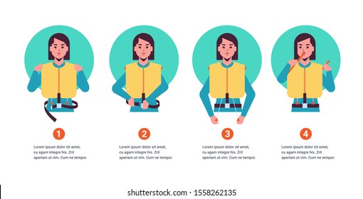 set guidance from the stewardess flight attendant woman explaining safety instructions with life vest step by step demonstration how to behave in emergency situation portrait horizontal copy space