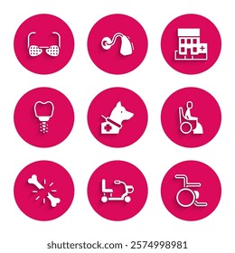 Set Guide dog, Electric wheelchair, Wheelchair, Woman in, Human broken bone, Dental implant, Medical hospital building and Blind glasses icon. Vector