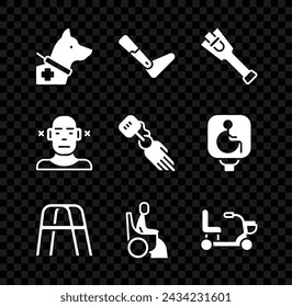 Set Guide dog, Prosthesis leg, Walker, Woman in wheelchair, Electric, Deaf and hand icon. Vector