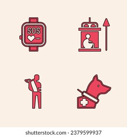 Set Guide dog, Smart watch, Elevator for disabled and Human broken arm icon. Vector