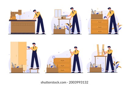 Set guide of furniture assembly with worker on white background. Male manufacture worker with professional tools. Help from furniture store professional. Flat cartoon vector illustration