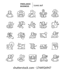 Set of freelancer’s guide line icons. Freelancing basics.The benefits and drawbacks of freelancing.Vacancies for remote work.Isolated linear vector illustrations.Editable stroke
