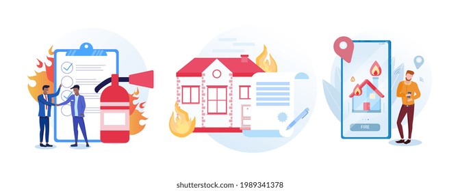 Set Of Guidelines For Fire Alarm Situations. House On Fire. Male Character Is Using Fire Alarm Application For Home Management. Concept Of Fire Alarm. Flat Cartoon Vector Illustration