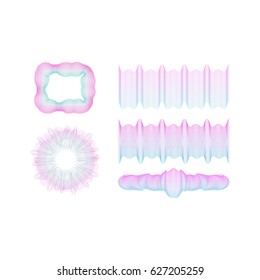 Set of guilloche decorative elements for certificate, official paper, round, rosette, border pattern for security, vector illustration on white background