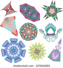 Set of guilloche elements, stars, organic forms, trapezoids and wings.
