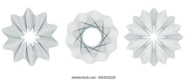 Set guilloche lines ornament. Abstract vector circle elements. Useful for banknote, diploma, certificate, note, currency, voucher or money design